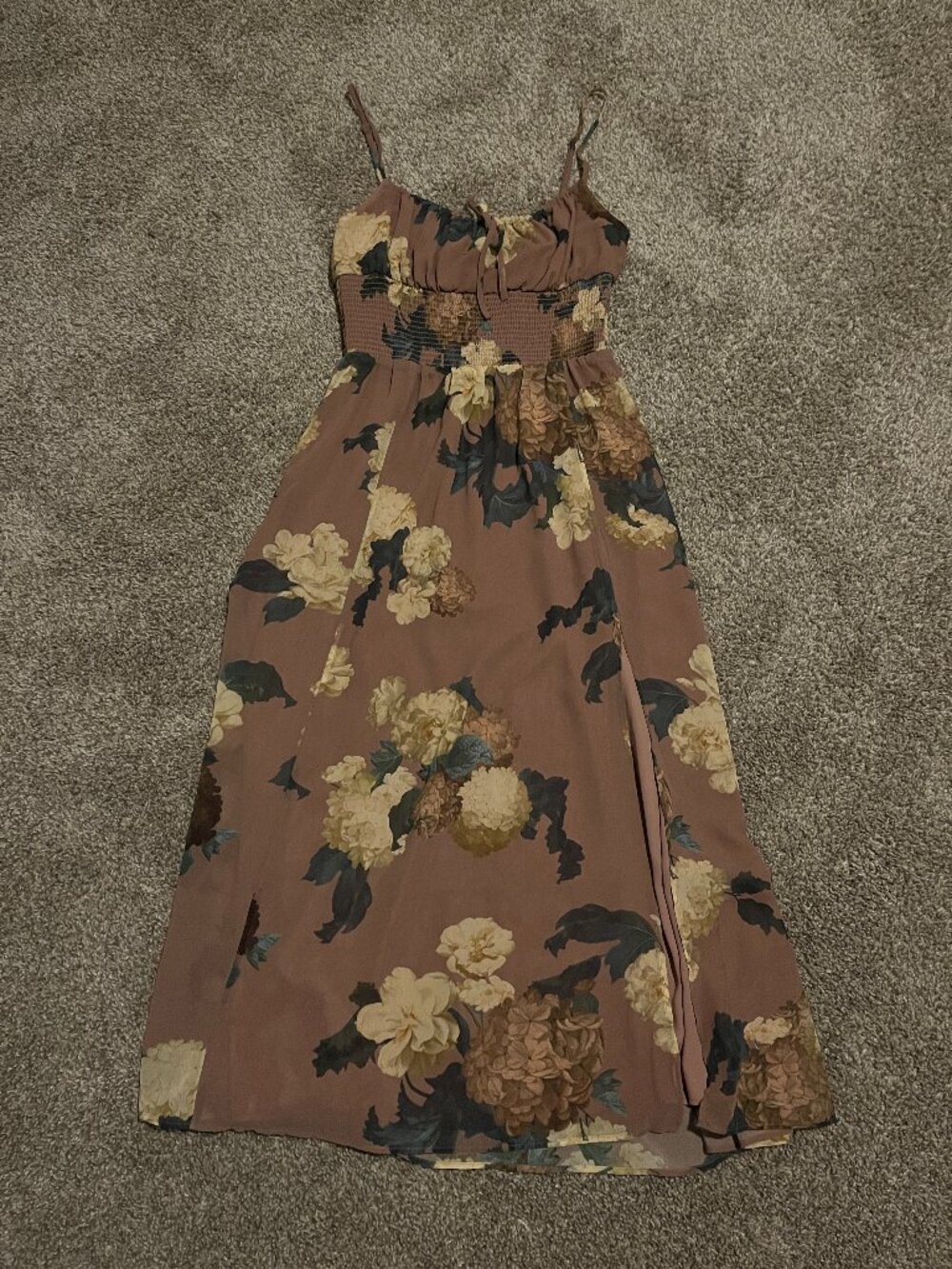 Aritzia Wilfred Brown Floral Summer Midi Dress Spaghetti Straps Chiffon Slit XS